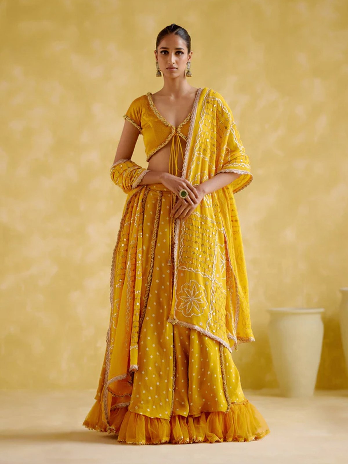 Yellow Bandhani Lehenga Set with Tie-Up Blouse and Dupatta