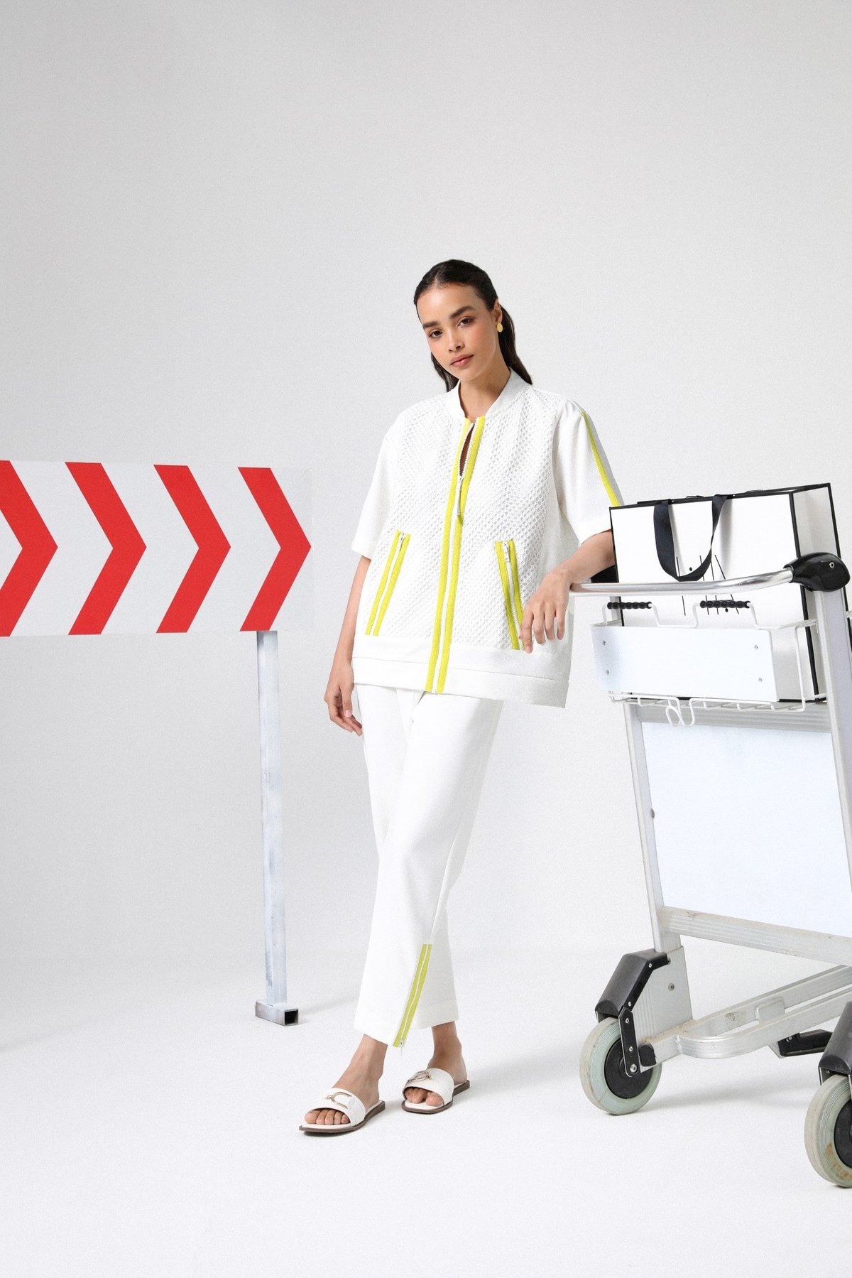 White Crepe Co-ord Set with Mesh Panel and Lime Trim