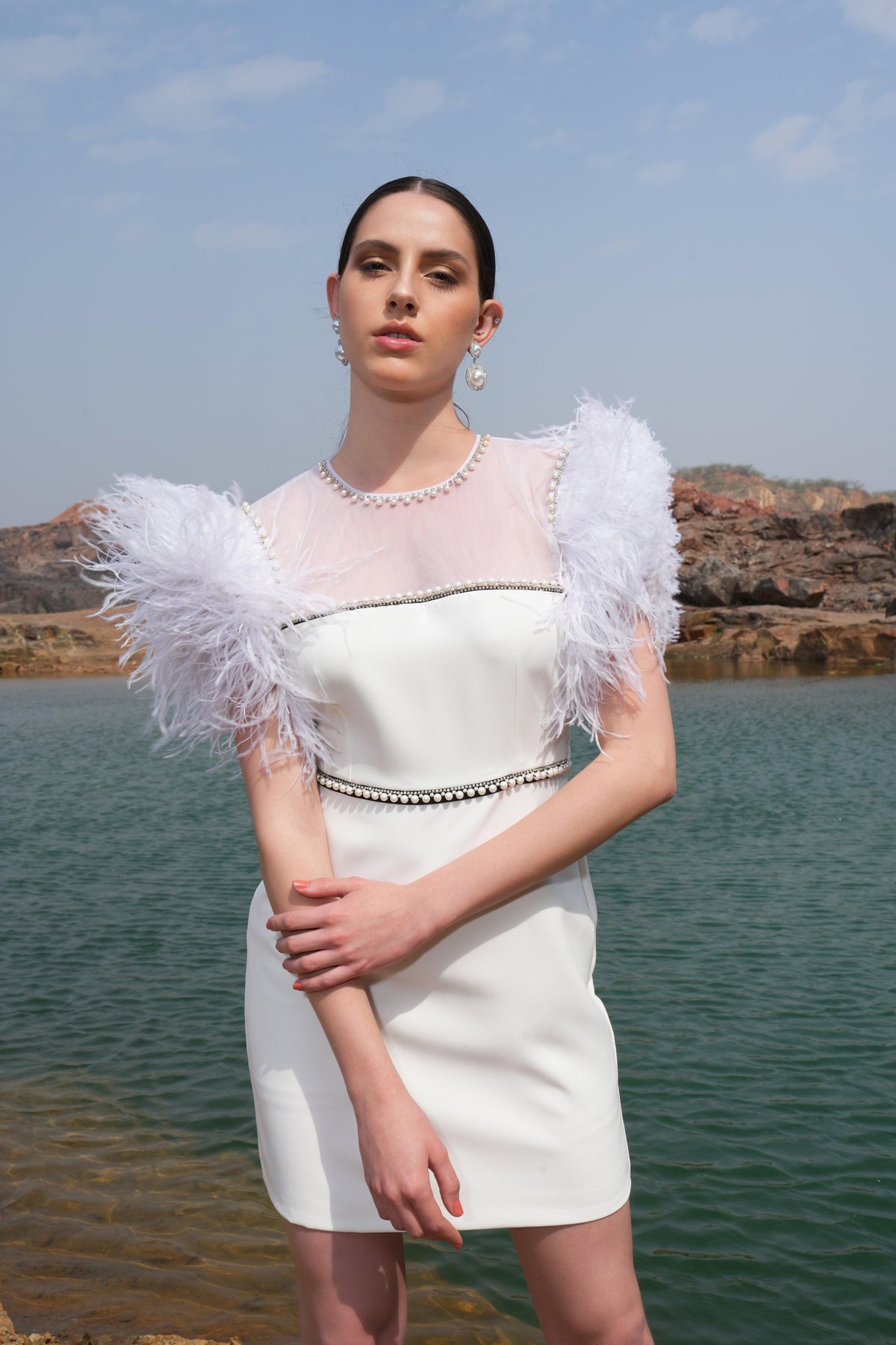 Ivory Pearl and Feather Sheath Mini Dress