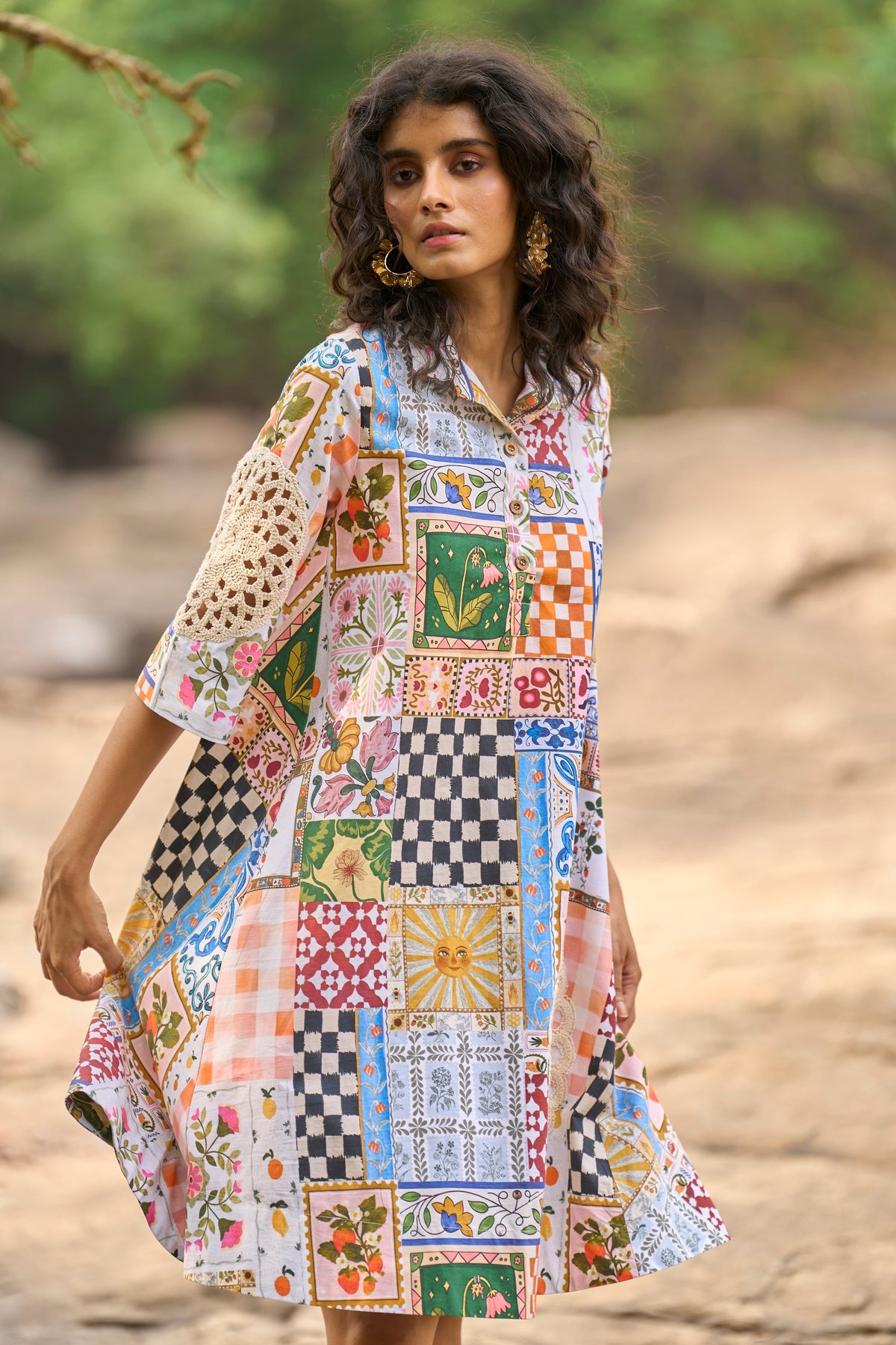 Crochet Patchwork Shirt Dress | Coyu