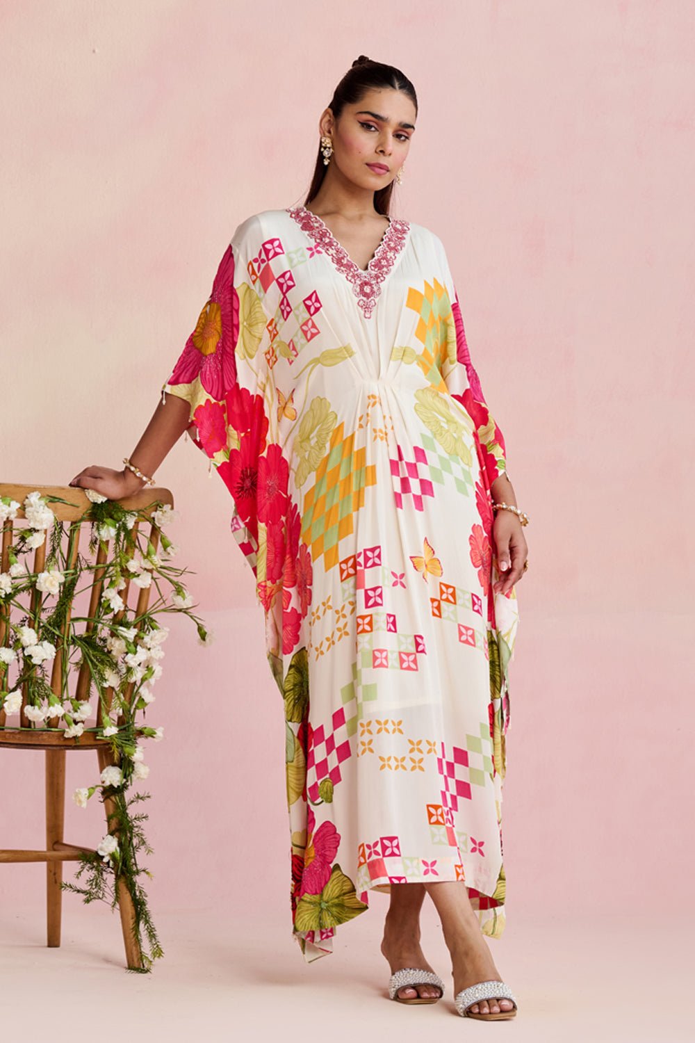 Multicolor Printed Crepe Kaftan with Embellished V-Neck
