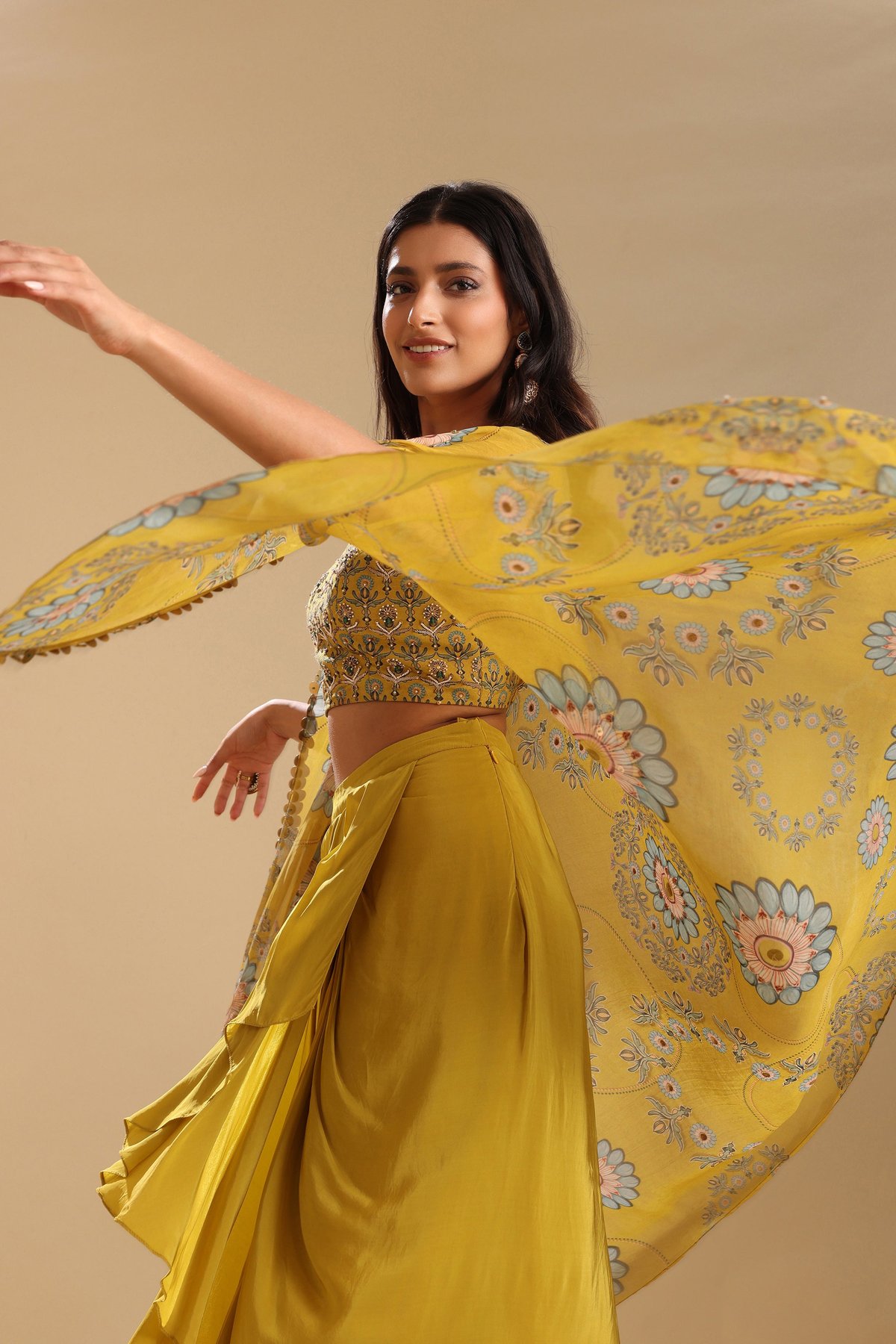 Yellow Embellished Choli and Drape Skirt Set with Cape
