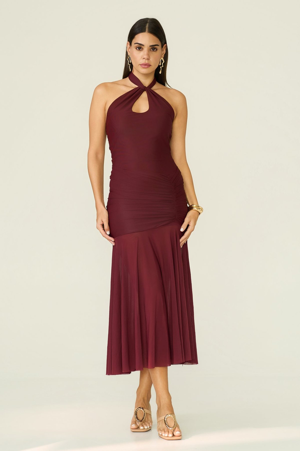 Burgundy Halter Keyhole Ruched Midi Dress