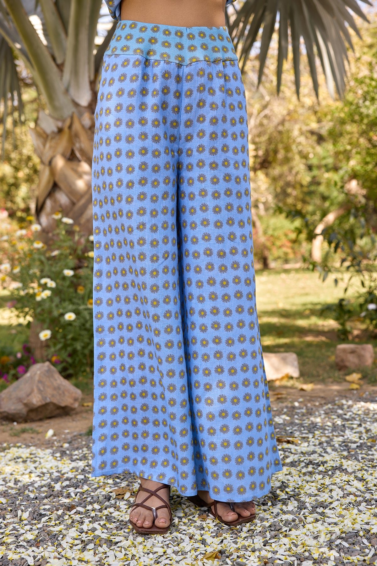 Blue Daisy Print Linen Palazzo Pants