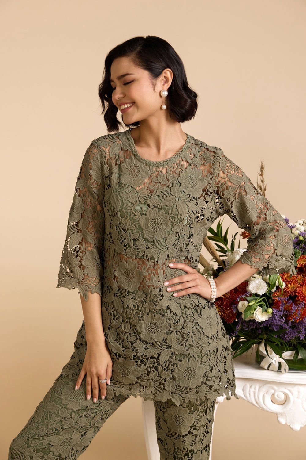 Olive Green Lace Tunic Top with 3/4 Sleeves