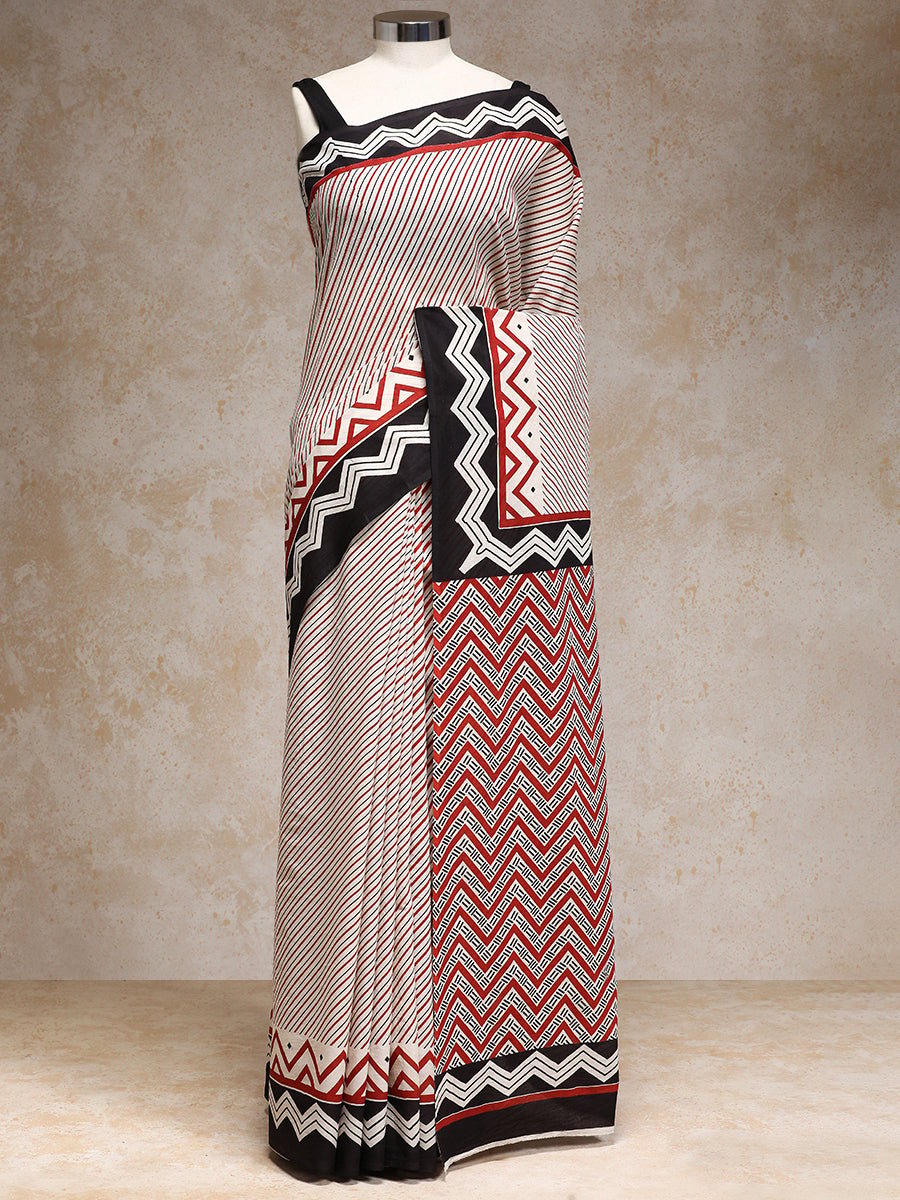 Red White Handblock Printed Diagonal Striped