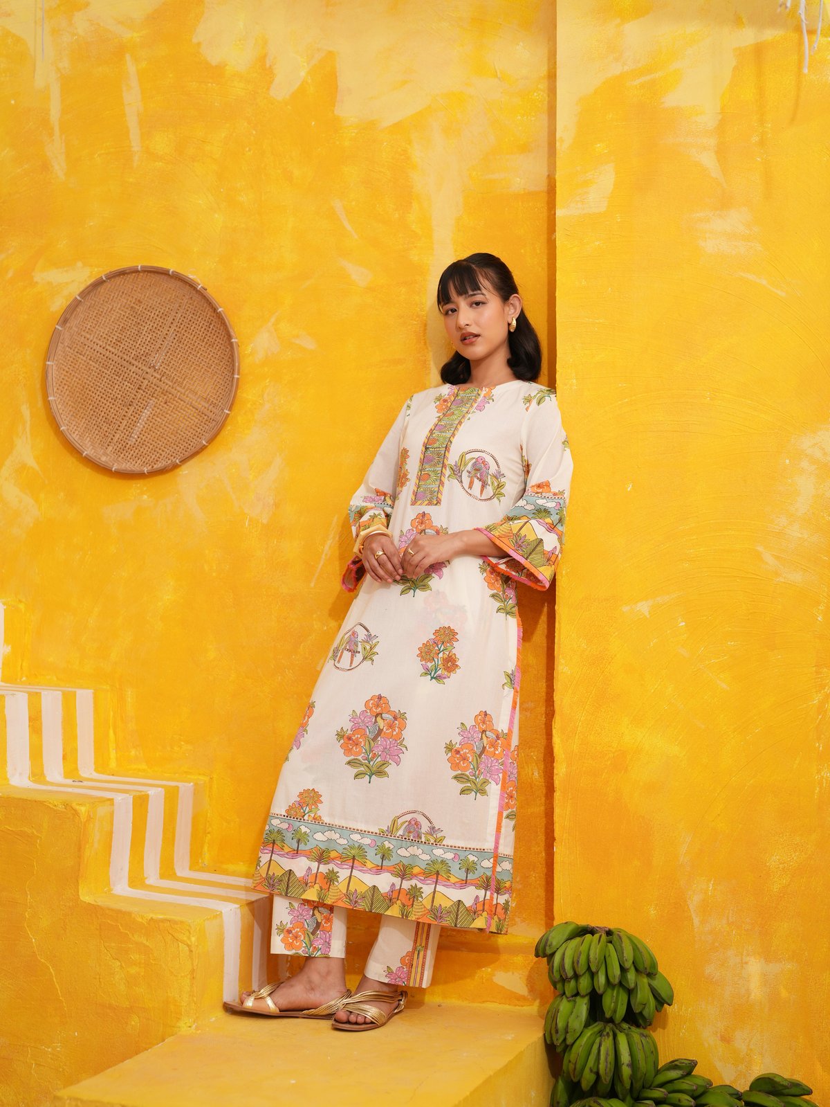 Off-White Printed Straight Long Kurta Set (Set of 2)