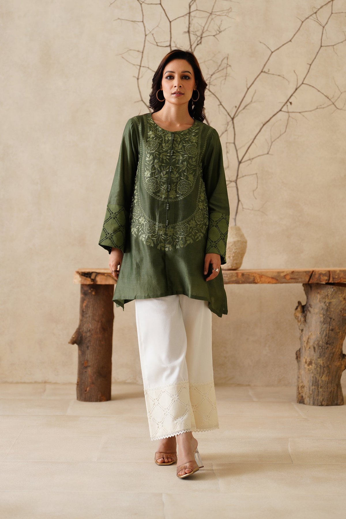 Green Tunic and Cream Wide-Leg Pants Co-ord Set