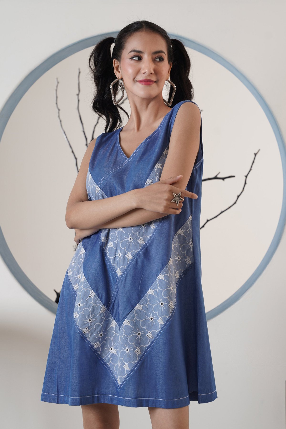Blue Denim V-Neck Sleeveless Cutwork Mini Dress