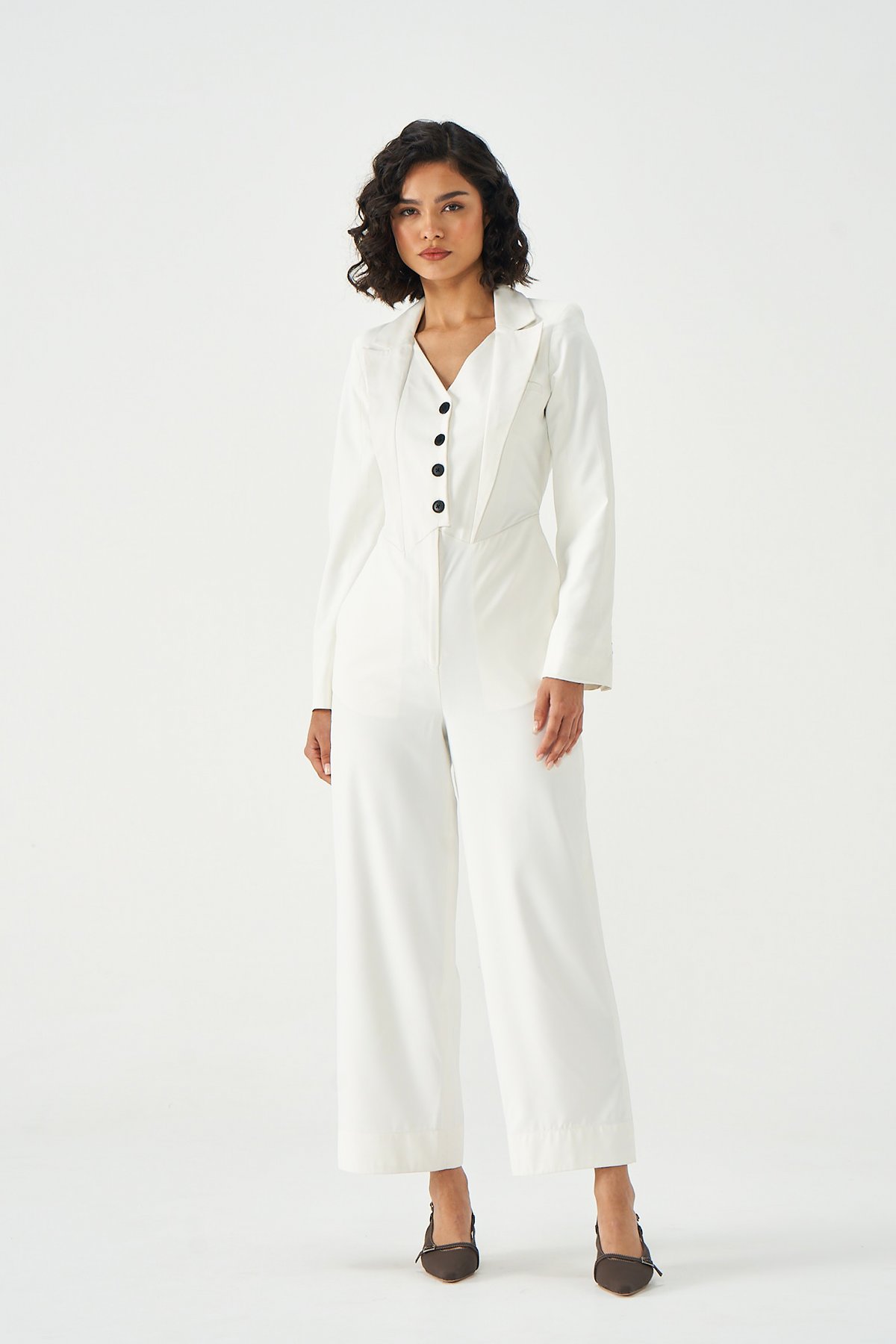 Ivory Tailored Lapel-Collar Wide-Leg Jumpsuit