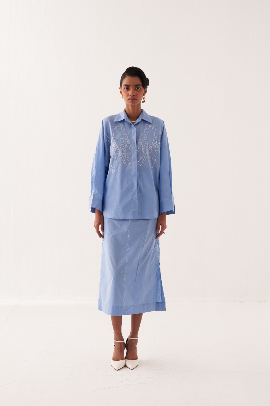 Powder Blue High-Waist Straight Midi Skirt