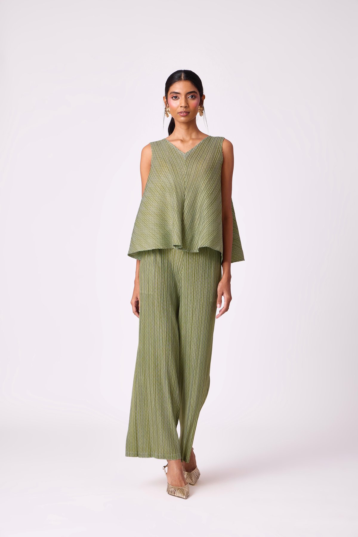Green Pleated Co-ord Set with V-Neck Top and Wide-Leg Pants
