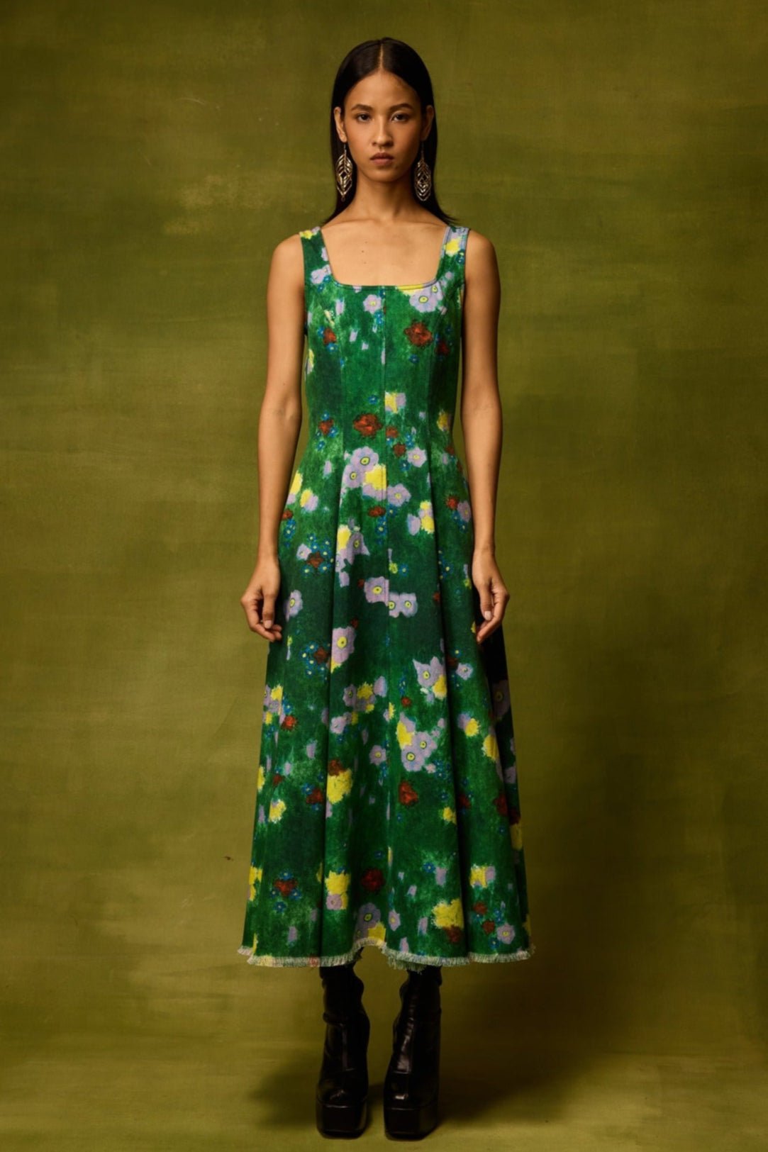Green Floral Printed Denim Midi Dress with Square Neck
