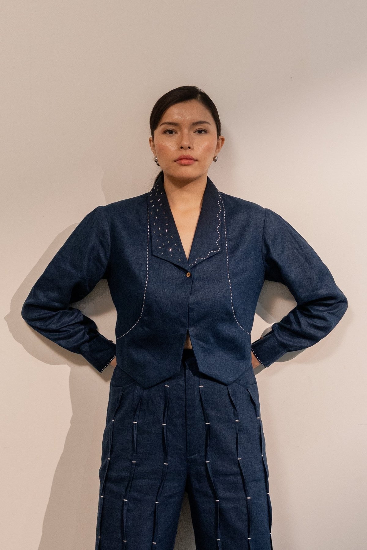 Blue Cropped Linen Jacket with Contrast Stitch Detail