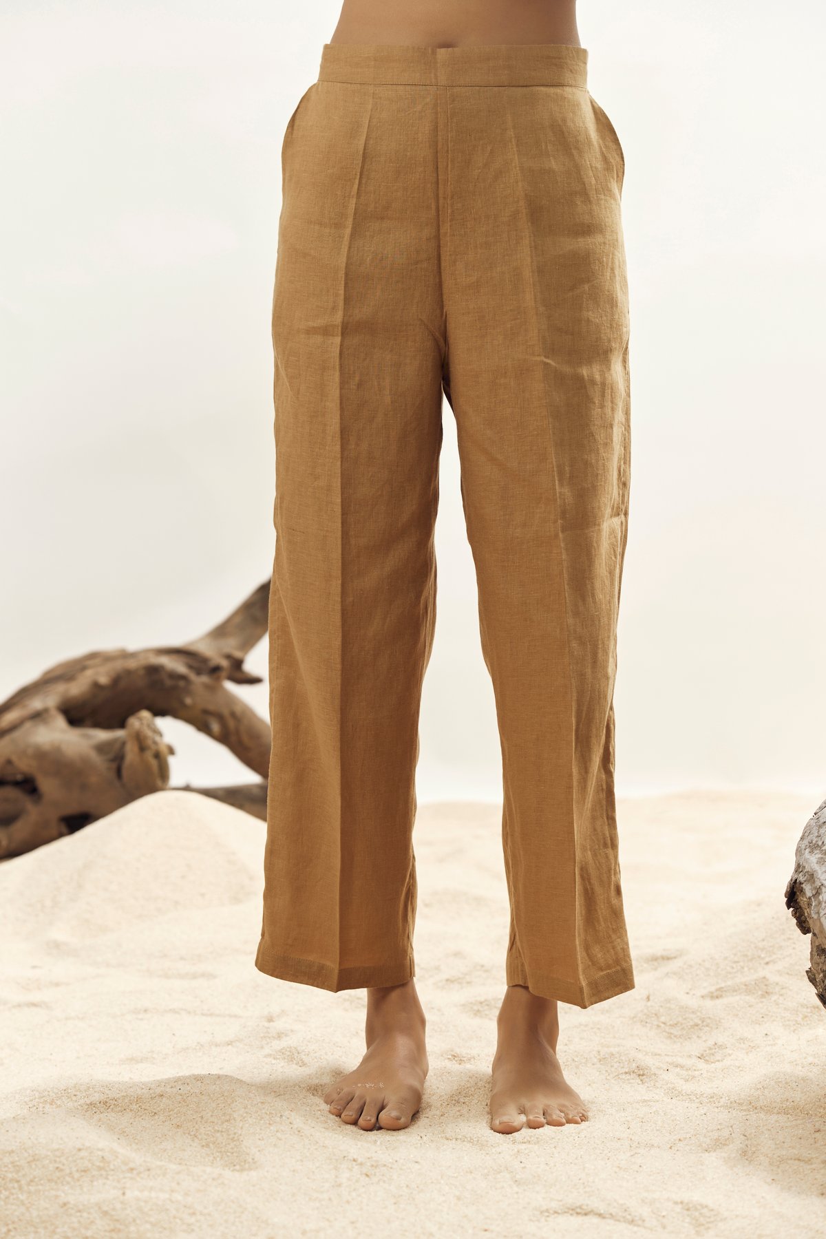 Camel Linen High-Rise Straight-Leg Trousers