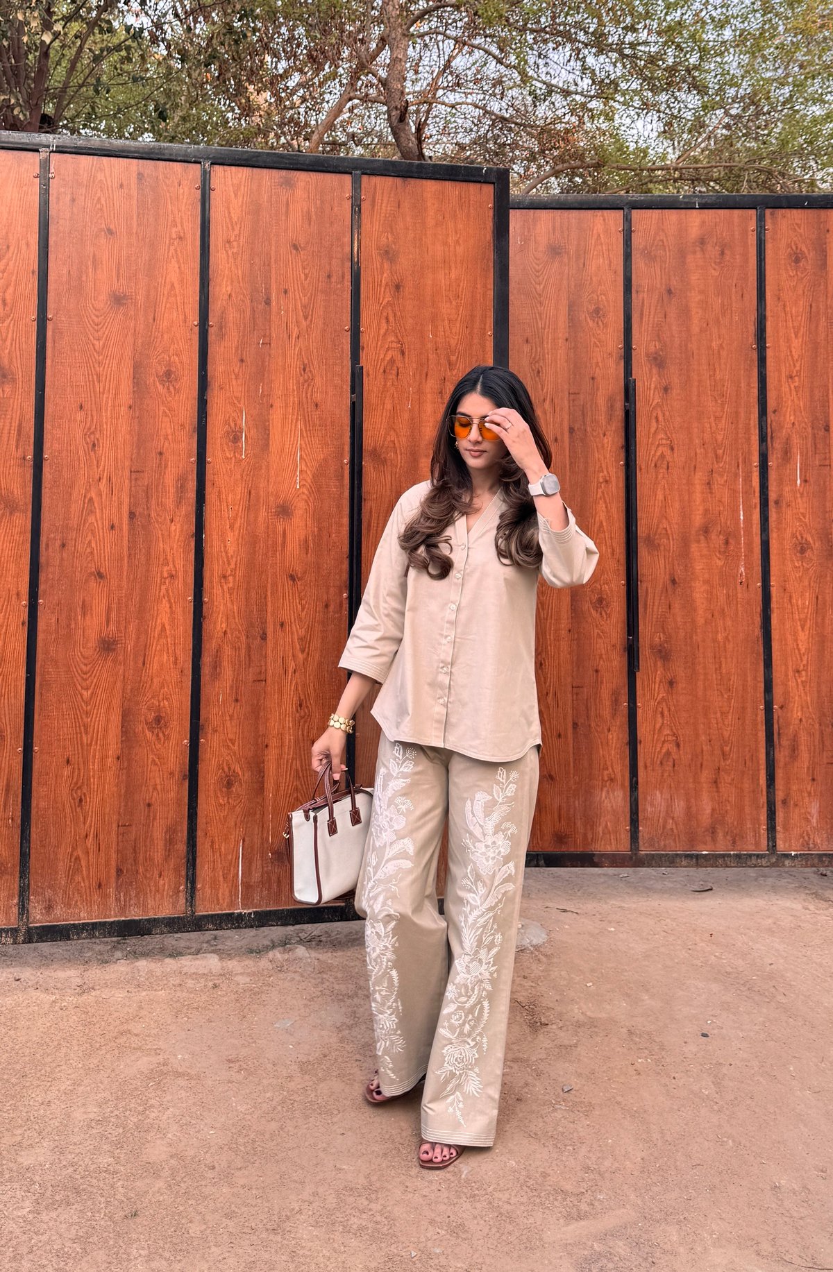 Beige Cotton-Linen Embroidered Co-ord Set