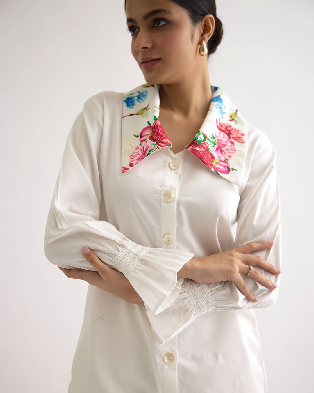 White Cotton Satin Shirt with Floral Statement Collar