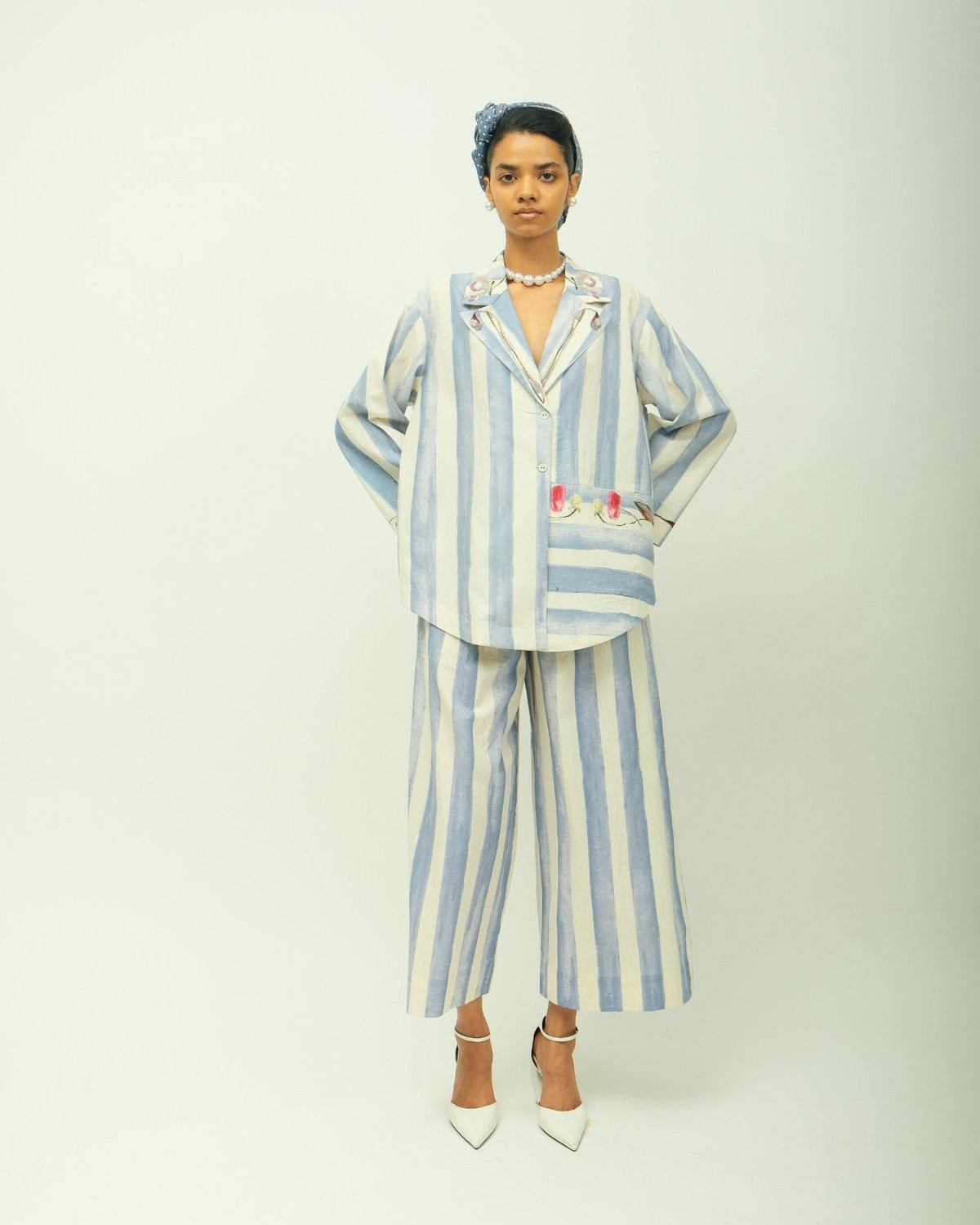 Ice Blue Printed Poplin Culottes with Drawstring Waist