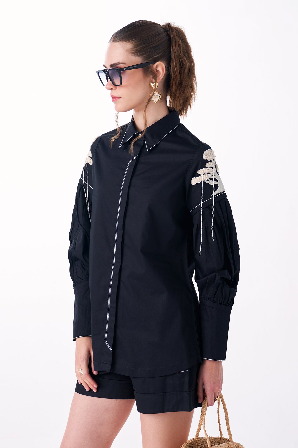 Black Cotton Satin Shirt with Embroidered Statement Sleeves