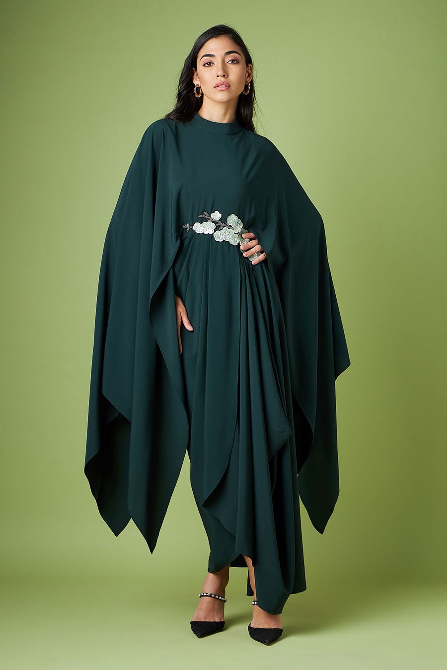 Bottle Green Sequin-Embroidered Cape Drape Maxi Dress
