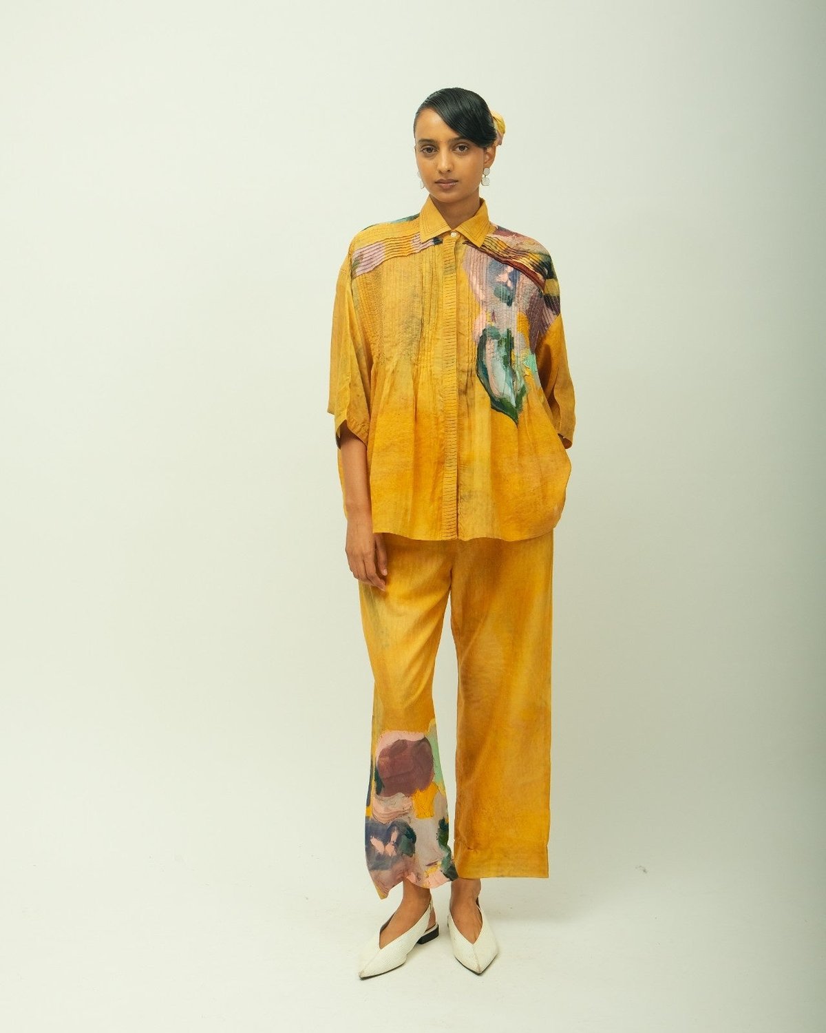 Mustard Abstract Print Anti-Fit Shirt with Front Belt