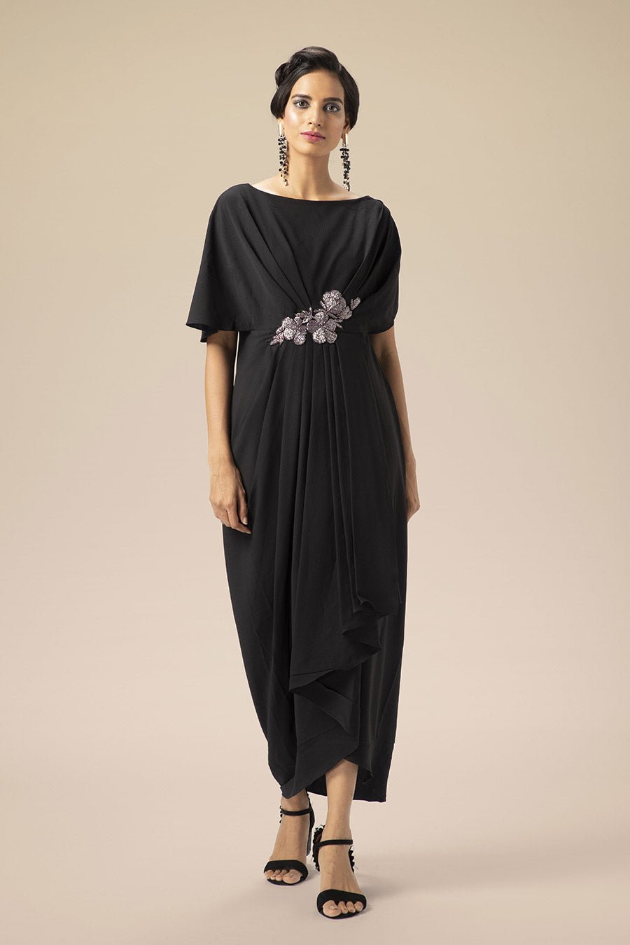 Black Moss Crepe Embroidered Drape Maxi Dress