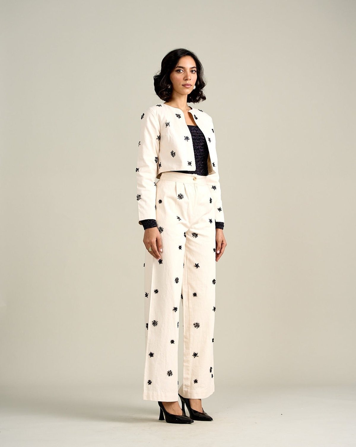 White Cropped Cotton Twill Jacket with Black Sequin Motifs