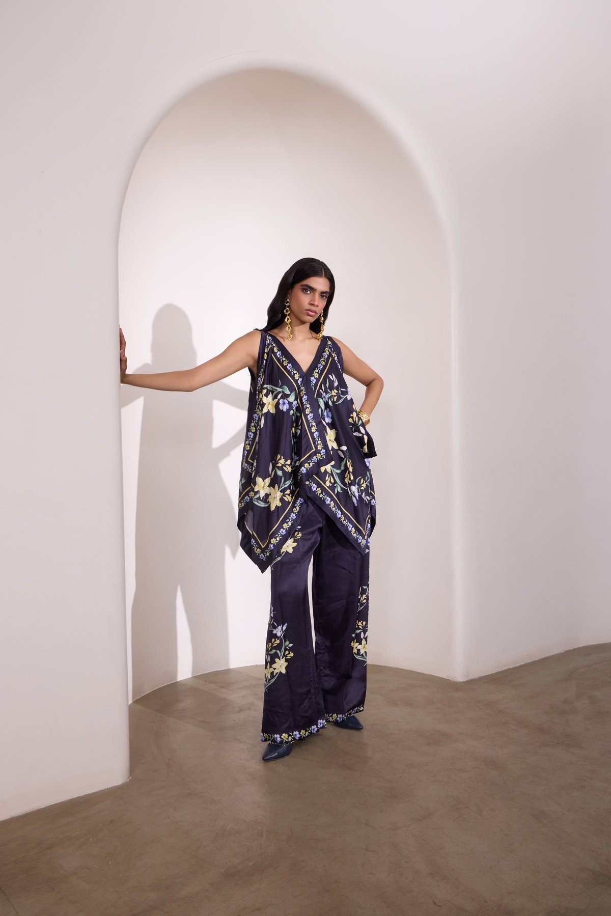 Navy Floral Placement Print Linen Satin Scarf Top