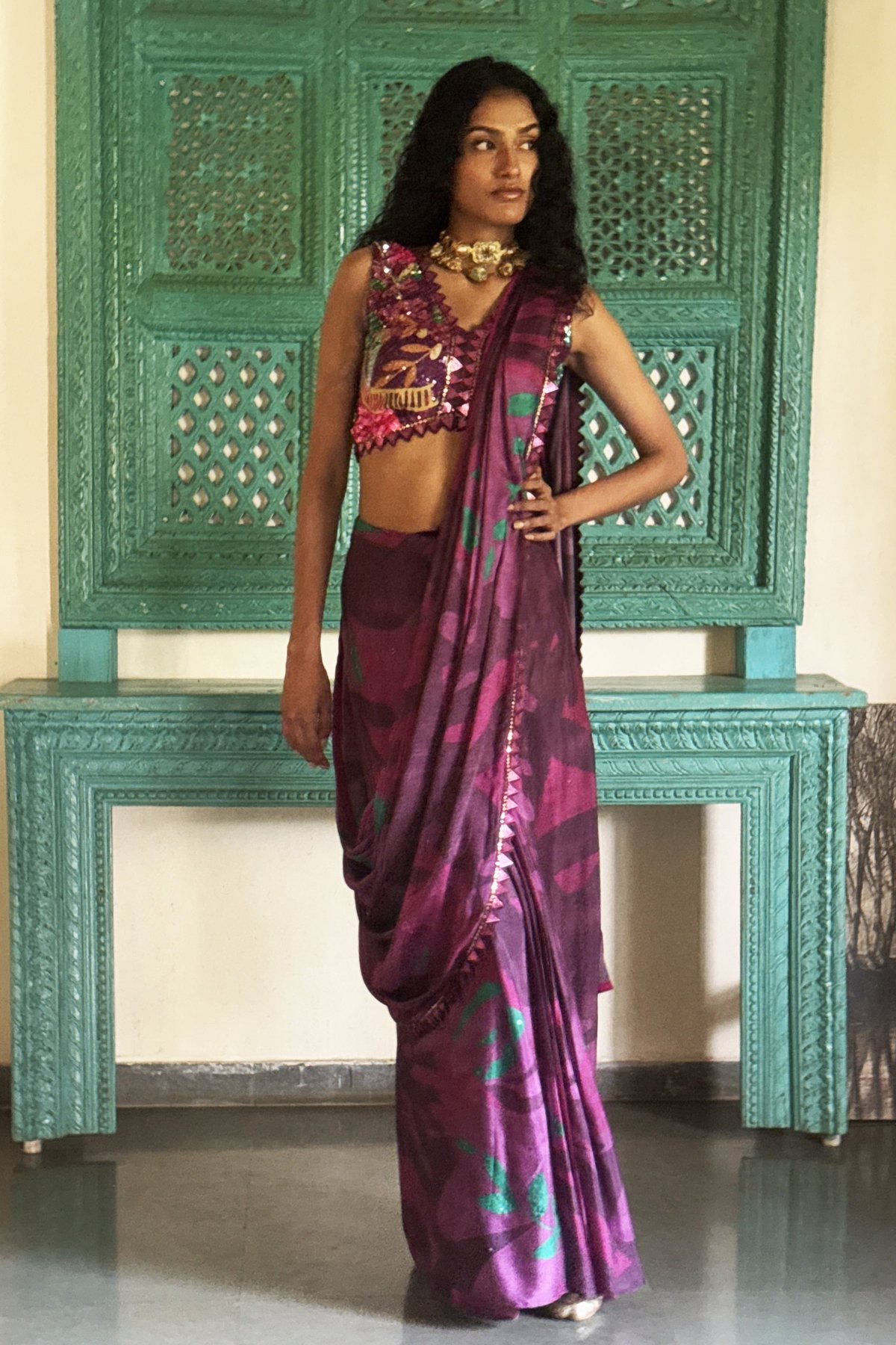 Wine Pre-Draped Chinon Chiffon Saree with Sequin Blouse