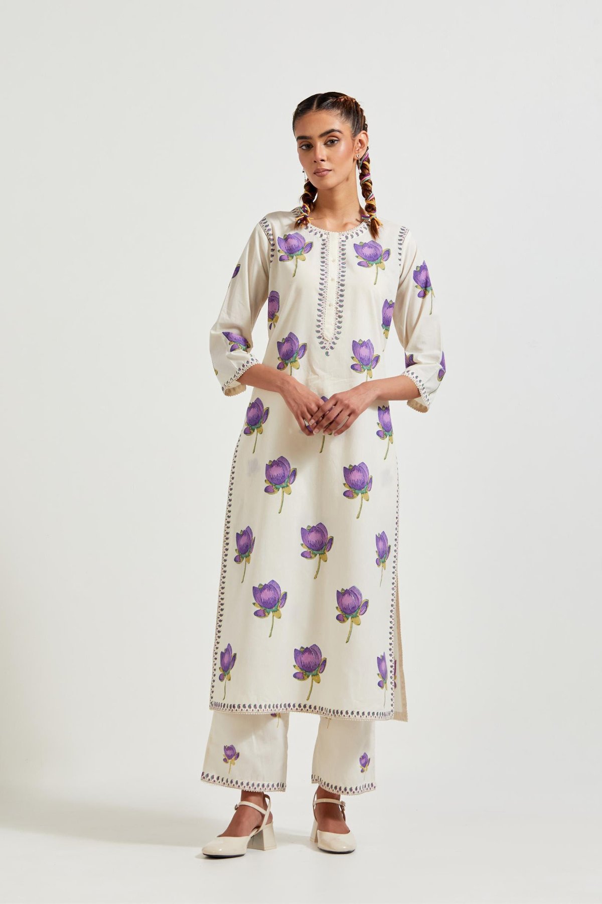 Off White/Purple Cotton Straight Kurta Set