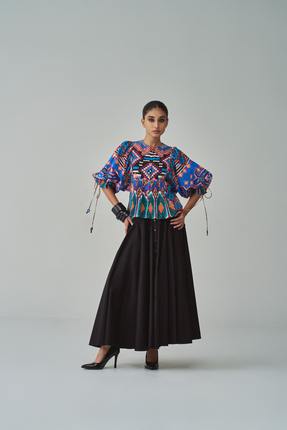 Blue/Multi Geometric Print Peplum Blouse with Tie-Up Sleeves