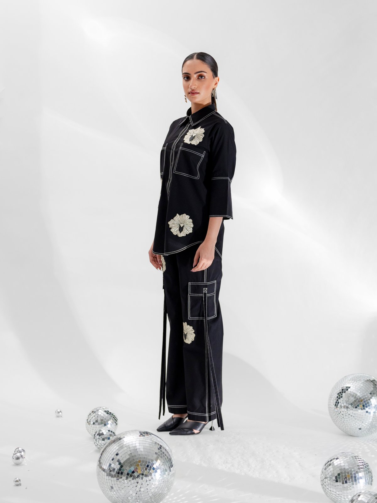 Black Applique Shirt and Wide-Leg Pants Co-ord Set