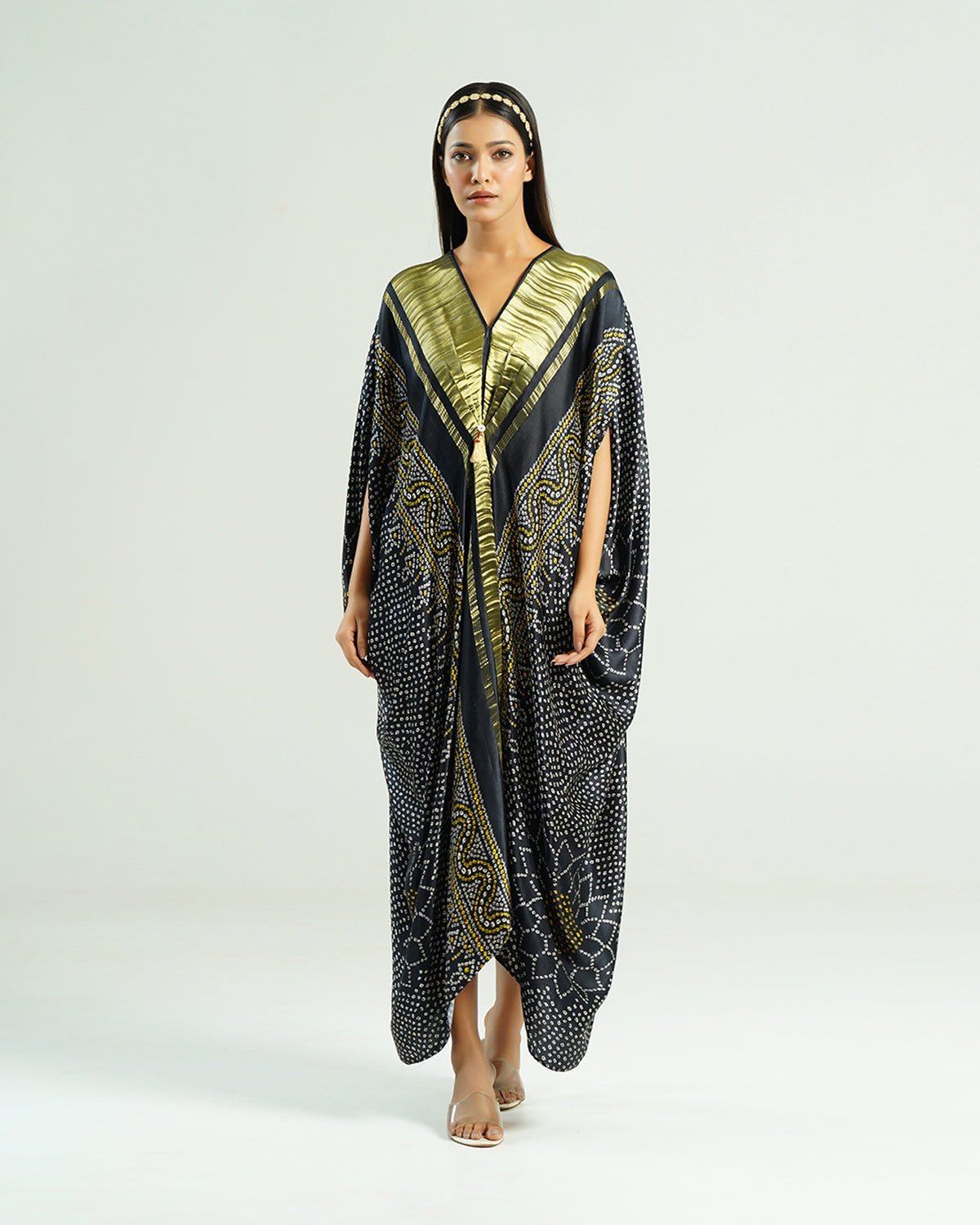Black and Gold Bandhej Print Zari Detail Kaftan