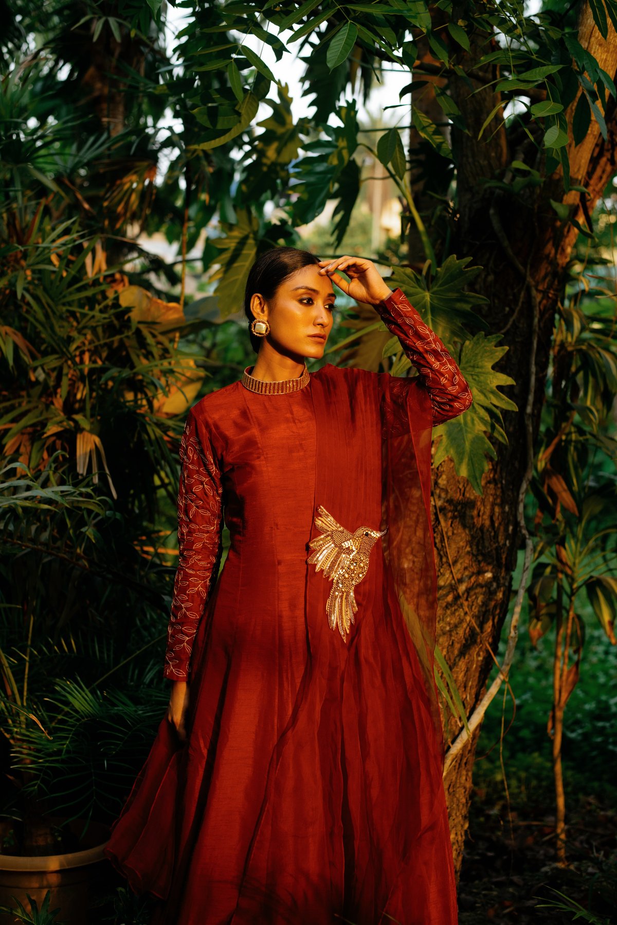 Maroon Kali Kurta Set With Embroidered Sleeves