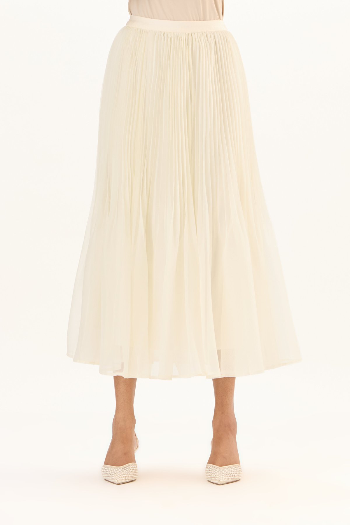 Ivory Pleated Organza Midi Skirt