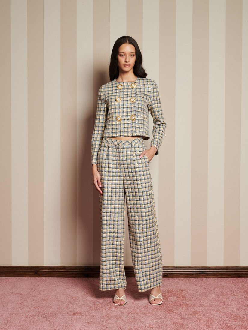 Multicolor Pastel Checked Cropped Tailored Jacket