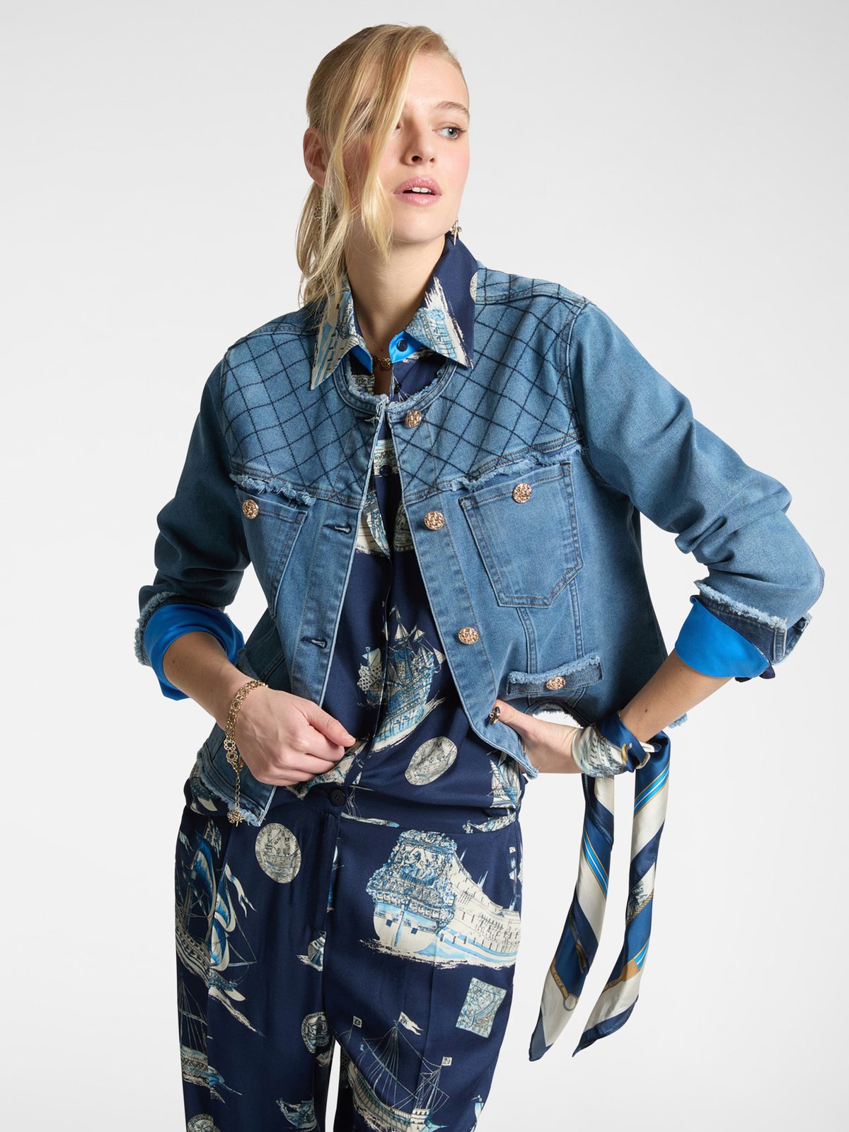 Blue Denim Jacket with Embroidered Yoke and Jewel Buttons