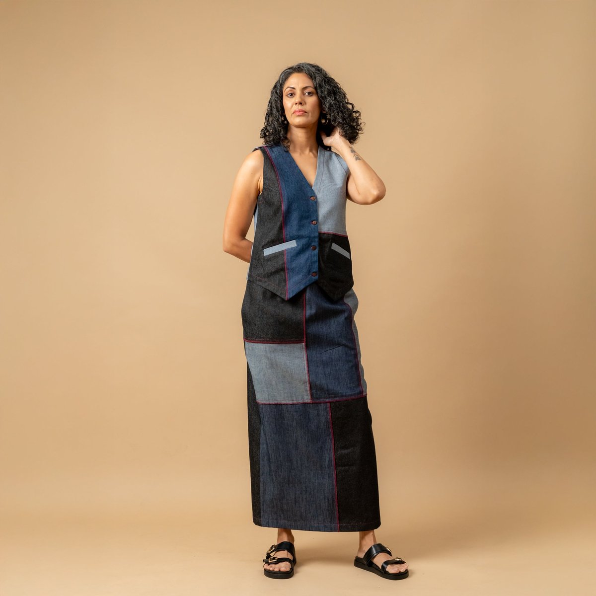 Blue Denim Patchwork Waistcoat and Maxi Skirt Co-ord Set