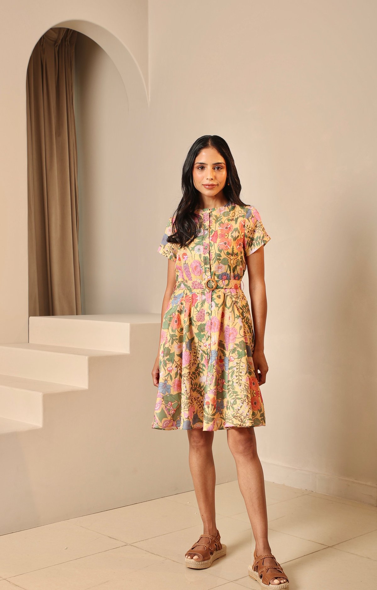 Yellow Botanical Printed Belted Fit and Flare Dress