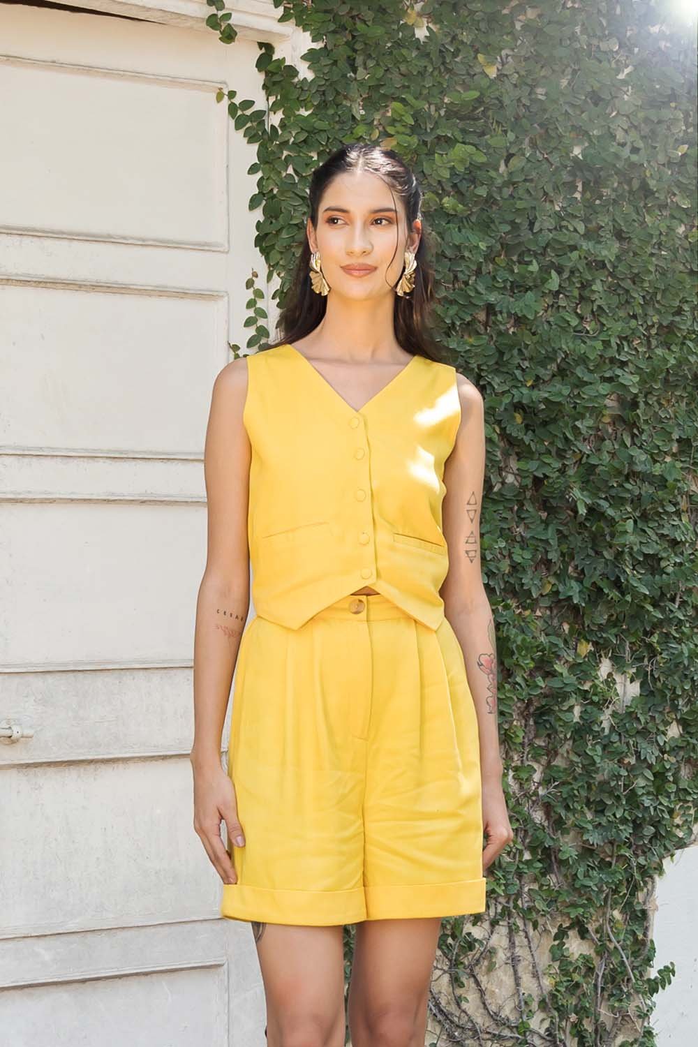 Yellow Cotton Vest and Shorts Co-ord Set
