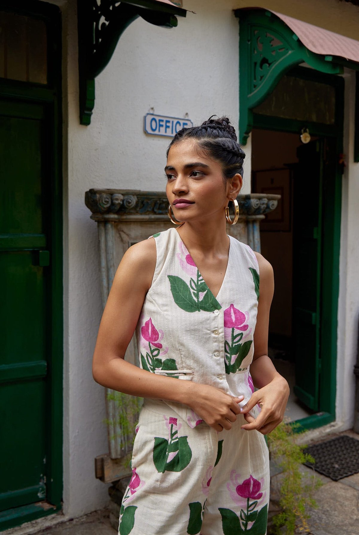 White/Pink Floral Handloom Cotton Waistcoat