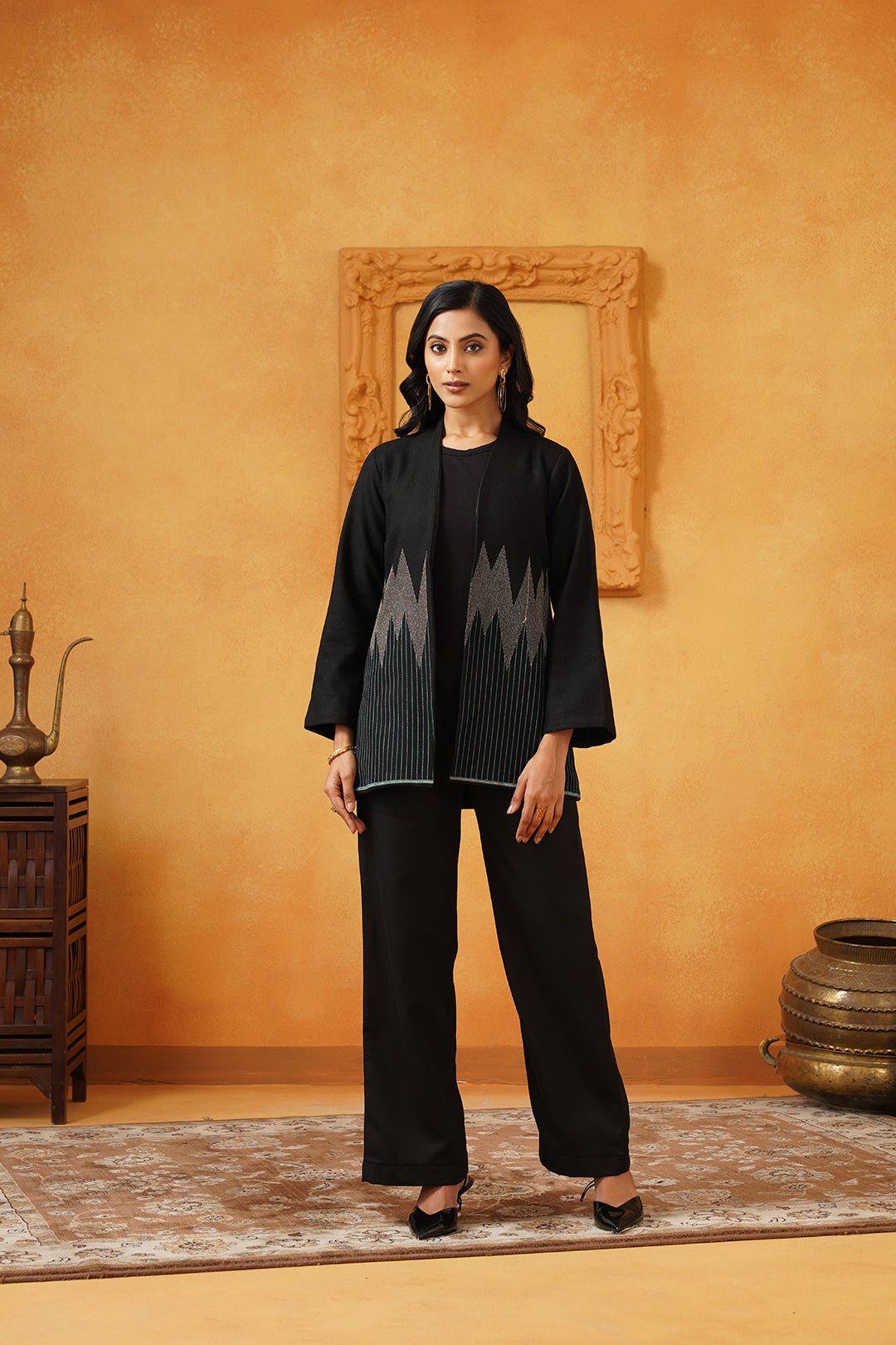 Black Co-ord Set with Statement Panel Jacket and Wide-Leg Pants