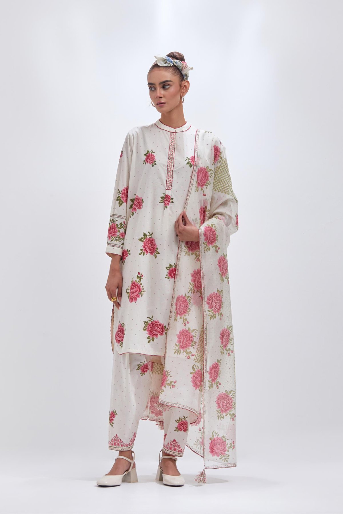 Off-White Floral Hand Block Print Cotton Kurta Set