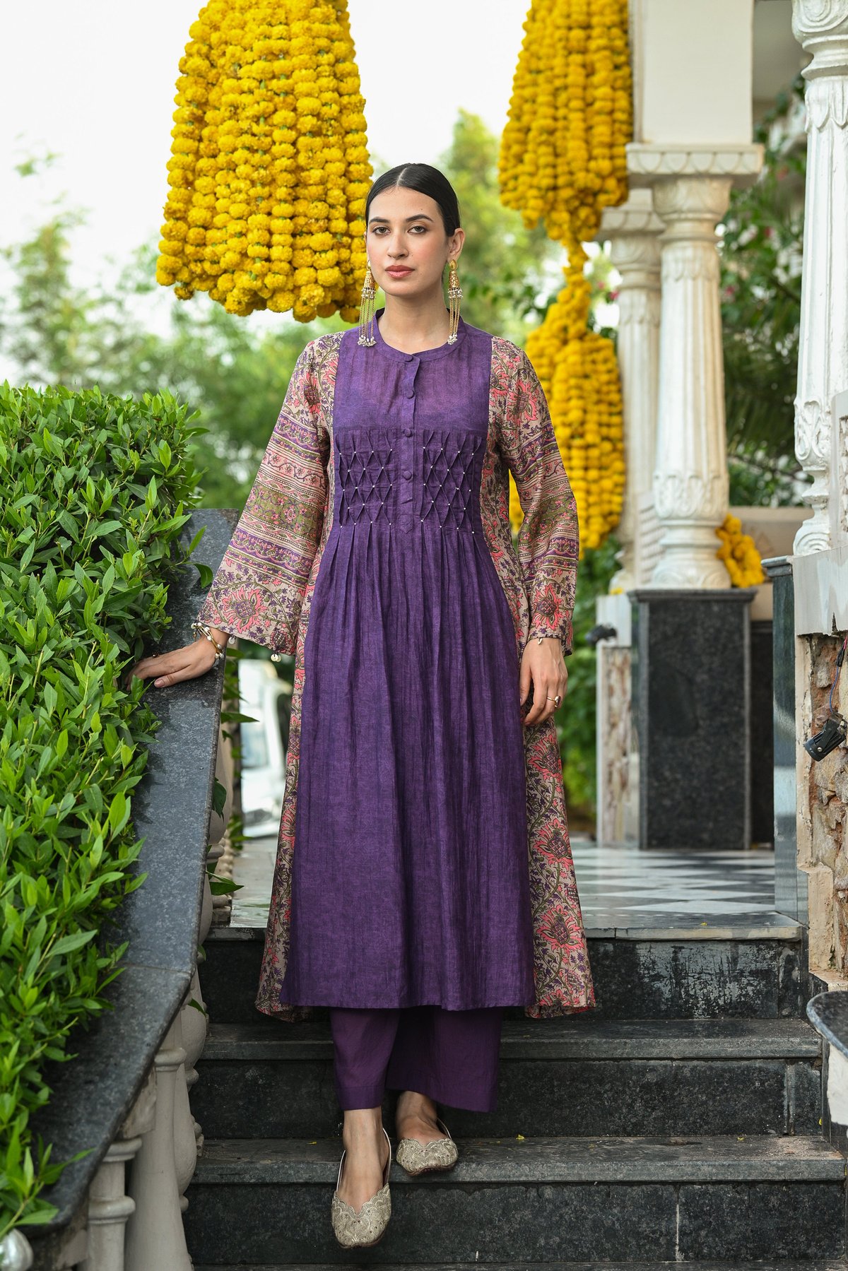 Purple Pure Mul Chanderi with Side Block Print Smokey Work A line Kurta Set-set of-2