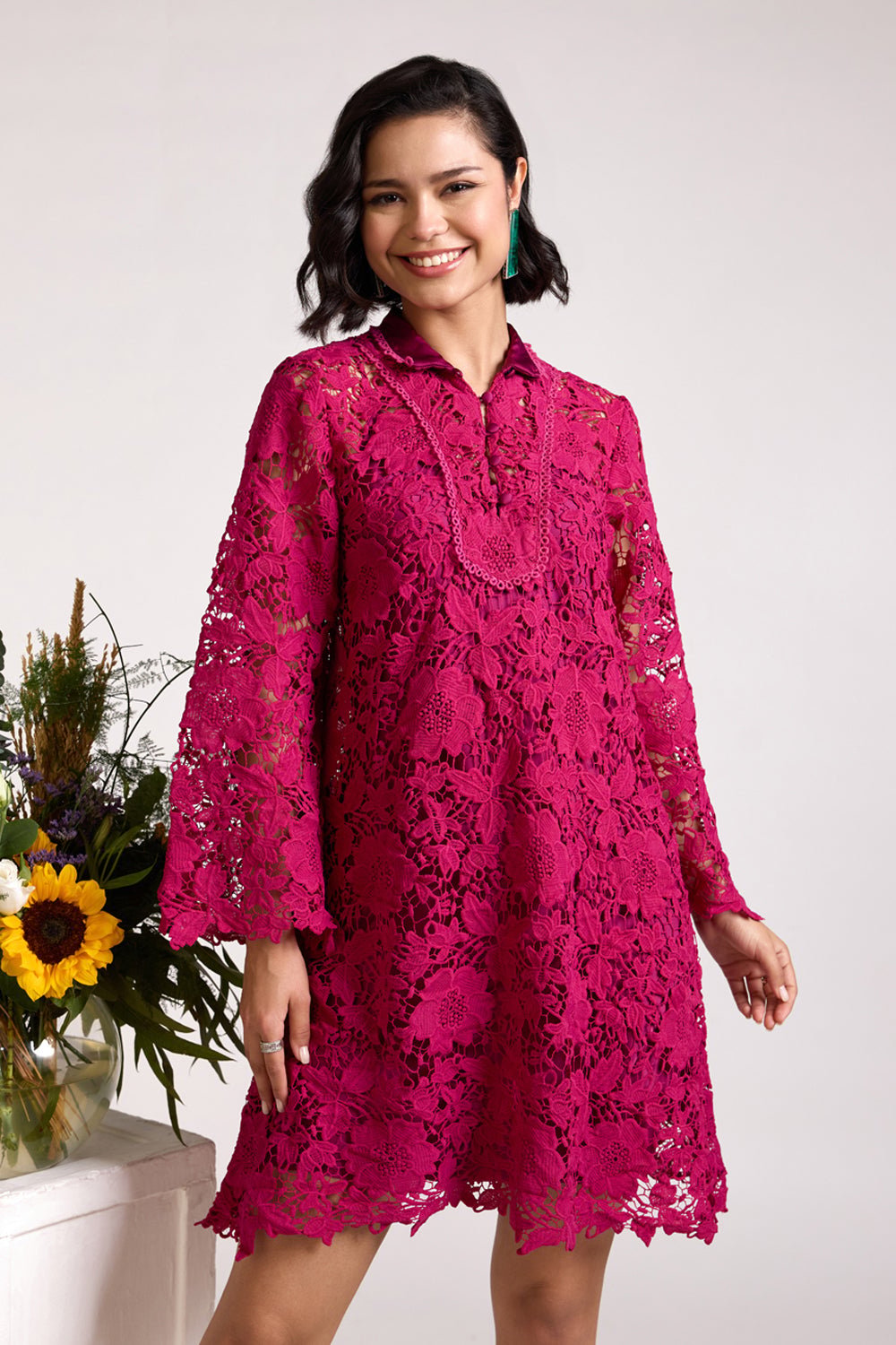 Hot Pink Lace A-Line Mini Dress with Mandarin Collar