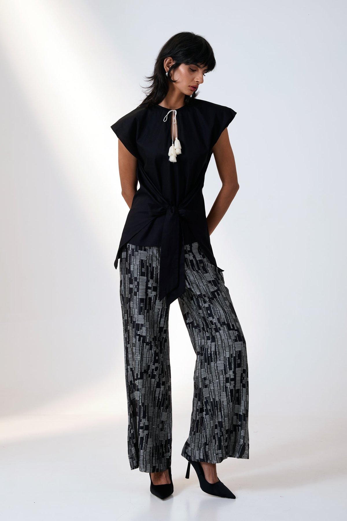 Black and Grey Printed Bell Bottom Trousers