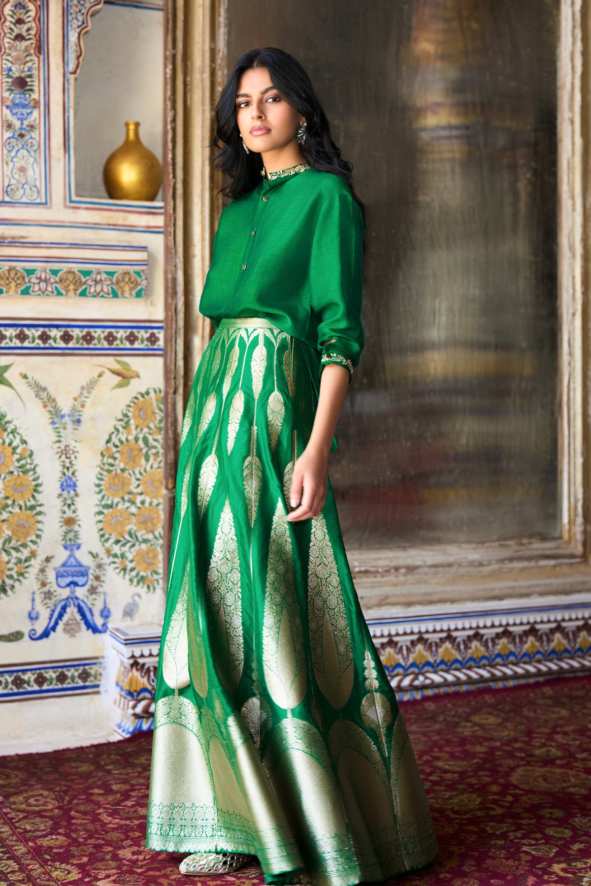 Embroidered Motif Textured Shirt Benare Brocade Flared Maxi Skirt