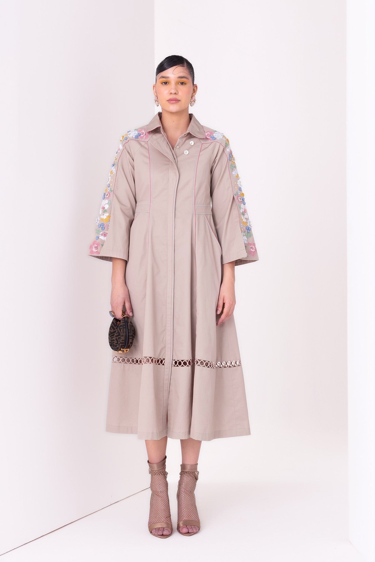 Ecru Cotton Poplin Button-Down Midi Shirt Dress