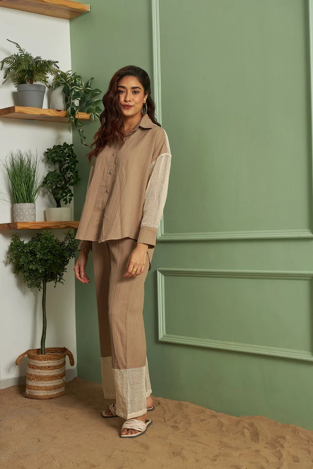 Beige Straight-Leg Trousers with Crochet Mesh Hem