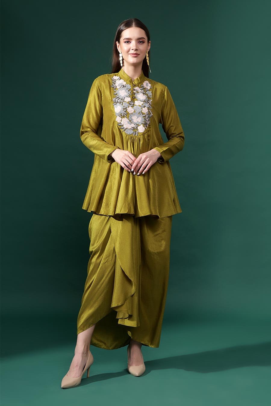 Olive Green Matka Silk Tunic and Drape Skirt Co-ord Set